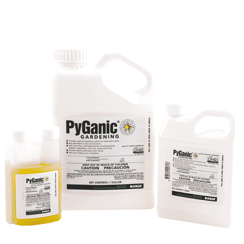 Three containers of PyGanic Gardening, which protects plants providing quick, reliable knockdown.