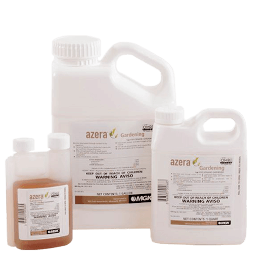 Three container sizes of Azera Gardening, the solution for hard-to-kill garden pests.