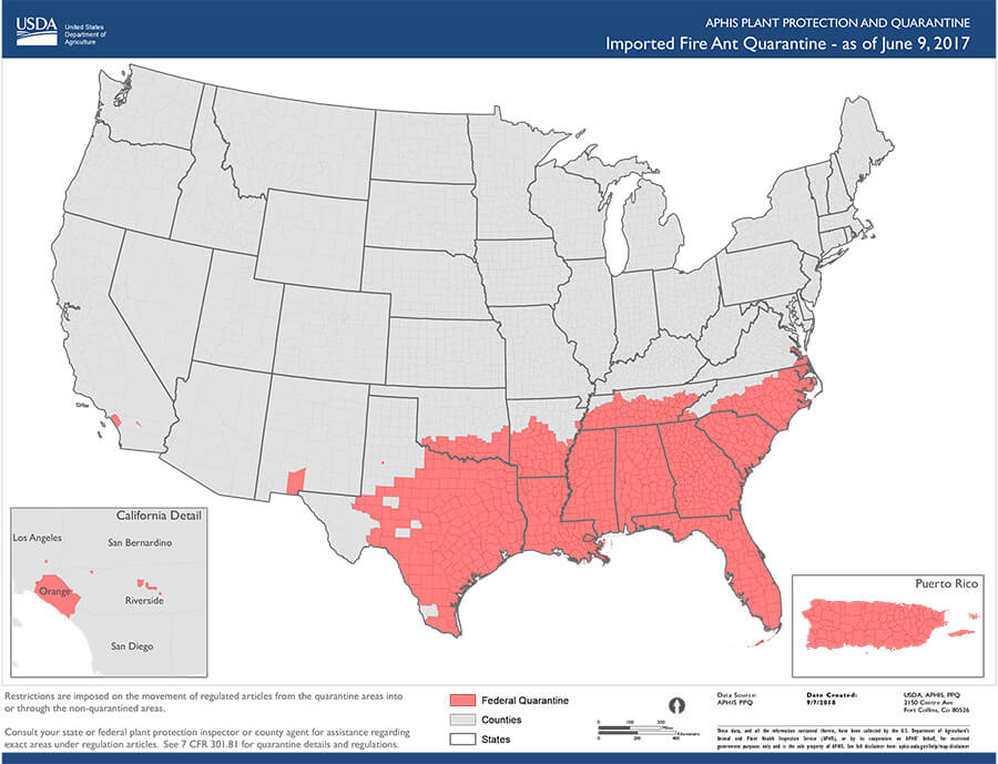 Map showing fire ant concentration ion the US, noted in red primarily in the south-eastern portion of the country and Puerto Rico. Source: https://www.aphis.usda.gov/plant_health/plant_pest_info/fireants/downloads/fireant.pdf