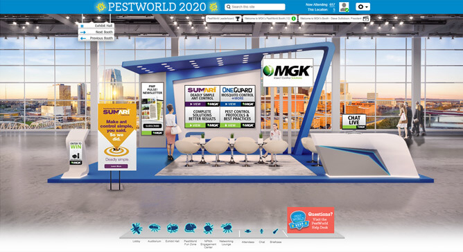 MGK's PestWorld Booth: has video screens for Sumari, OneGuard and our product line, also includes a Chat Now computer, our logo, and an enter-to-win kiosk