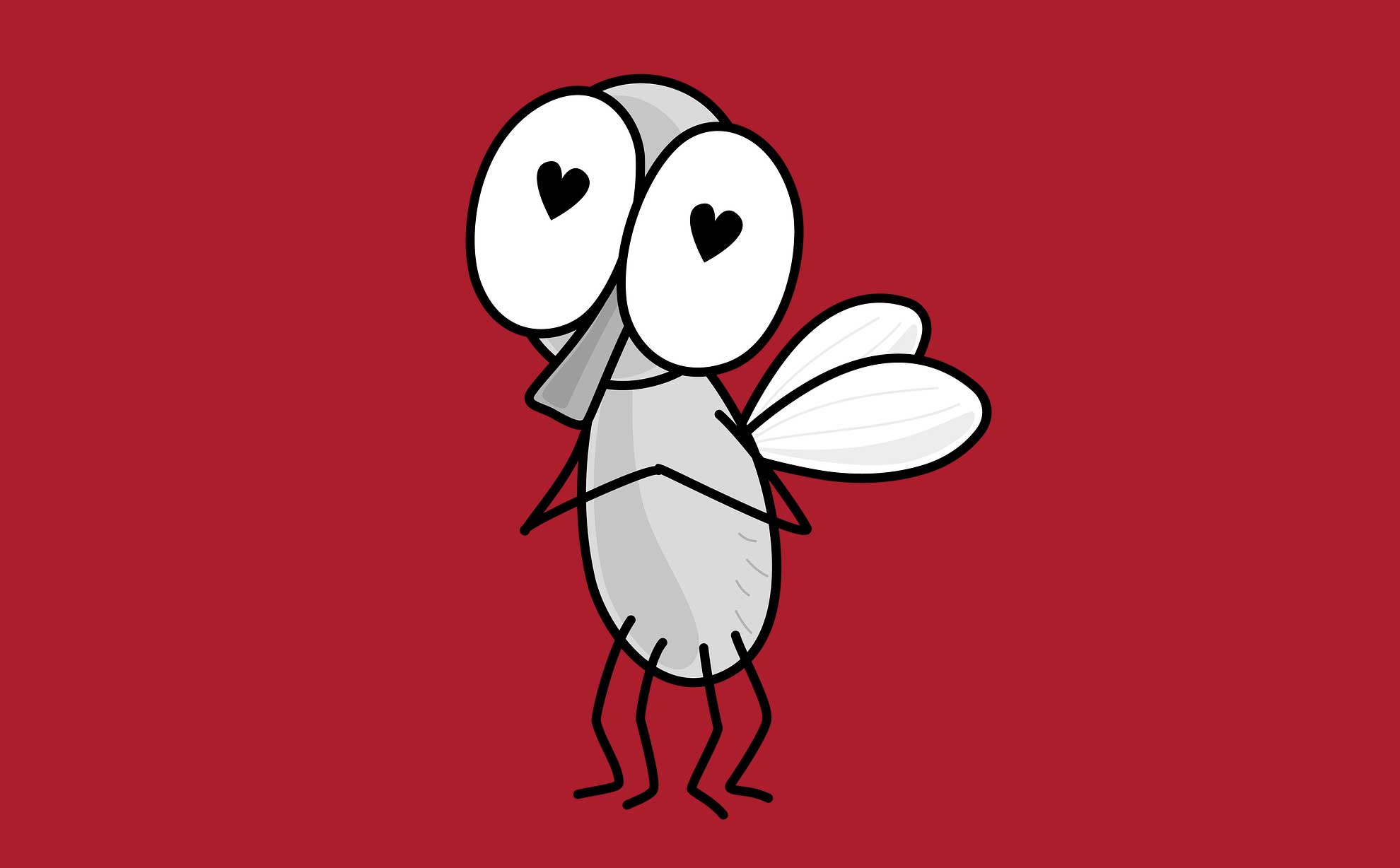 Insect with hearts in its eyes on a red background.