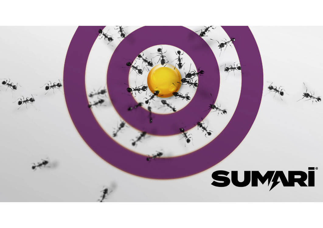 Sumari's bullseye logo, which has ants converging on the center.