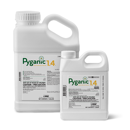 Pyganic Crop Protection 1.4 Bottles - gallon and quart sizes, white bottles with Pyganic logo in green with white flower
