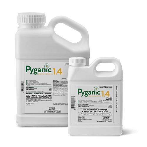 Pyganic Crop Protection 1.4 Bottles - gallon and quart sizes, white bottles with Pyganic logo in green with white flower