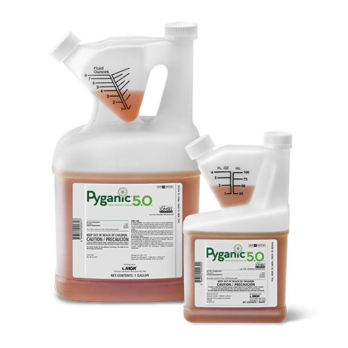 Pyganic Crop Protection 5.0 Bottles - gallon and quart size, transparent bottles with amber liquid, Pyganic logo in green with white flower