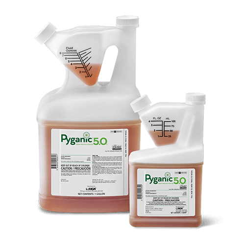 Pyganic Crop Protection 5.0 Bottles - gallon and quart size, transparent bottles with amber liquid, Pyganic logo in green with white flower