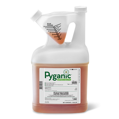Pyganic Specialty Bottle - 1 Gallon, clear bottle with amber liquid, Pyganic logo in green with white flower