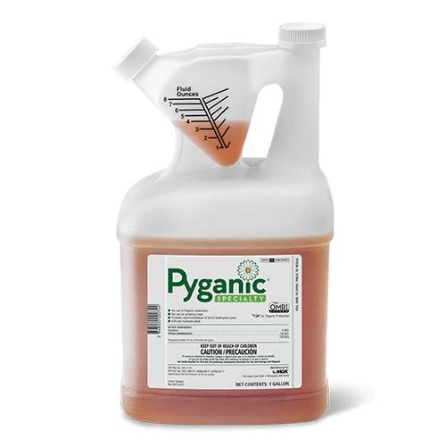 Pyganic Specialty Bottle - 1 Gallon, clear bottle with amber liquid, Pyganic logo in green with white flower