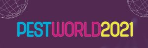 PestWorld Logo - pest written in blue, world in pink and 2021! in yellow