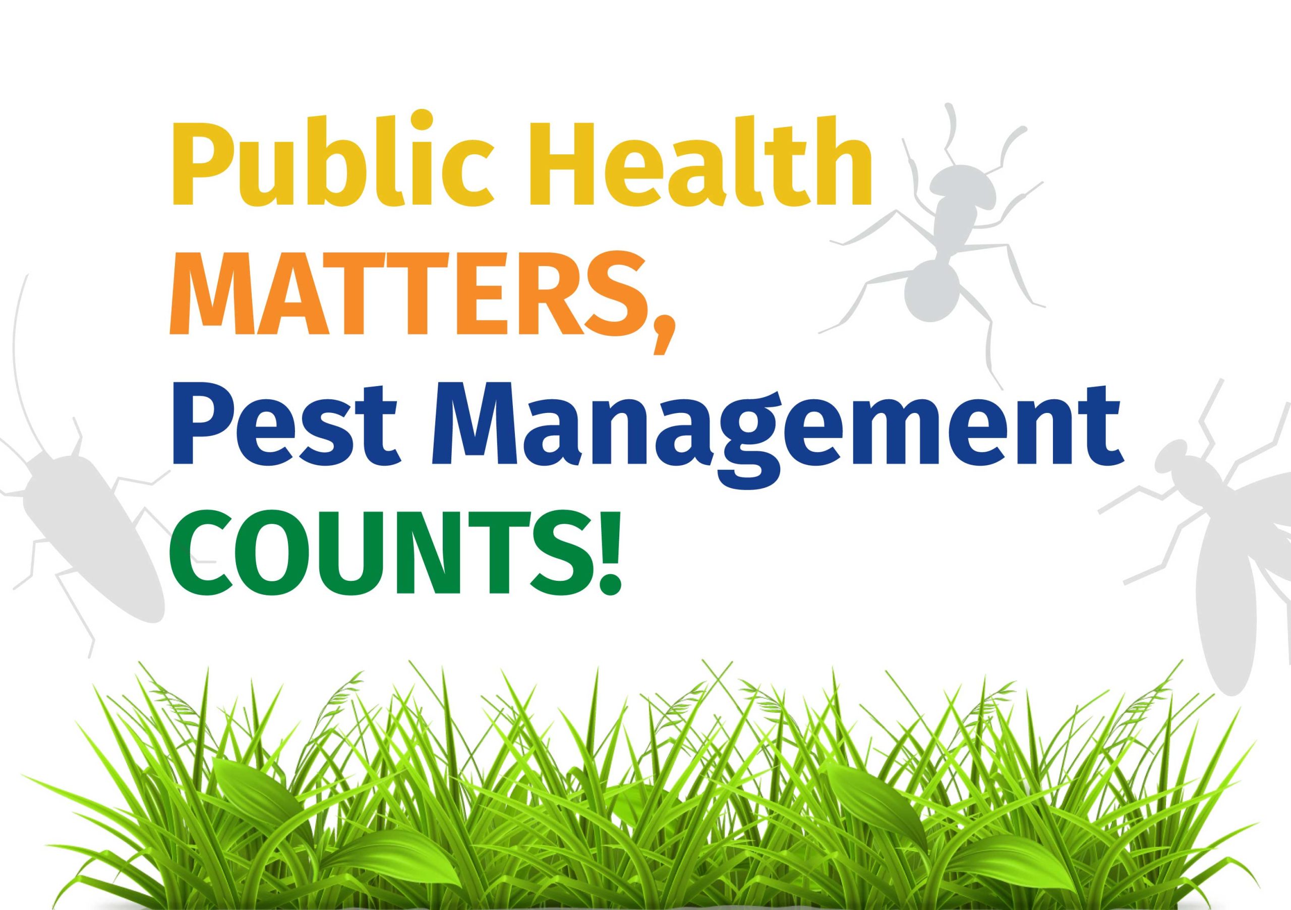 Public Health Matters, Pest Management Counts, Shadows of ant, mosquito and cockroach shown, as well as green grass.