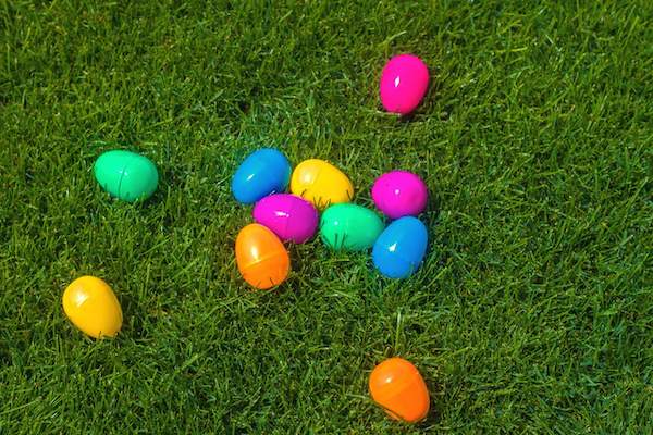 Easter Blog: Colorful, plastic eggs on green lawn