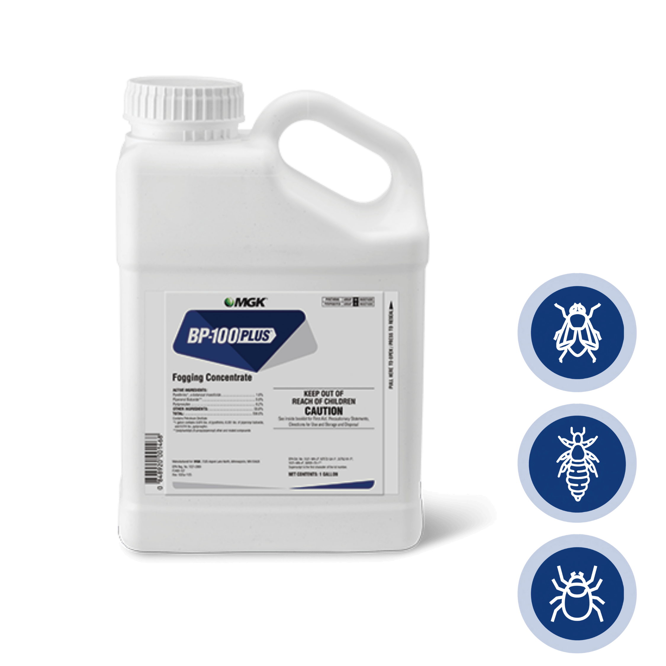 Close up product image of BP-100 Plus™ Fogging Concentrate, which includes blue insect icons of flies, lice and cockroaches.