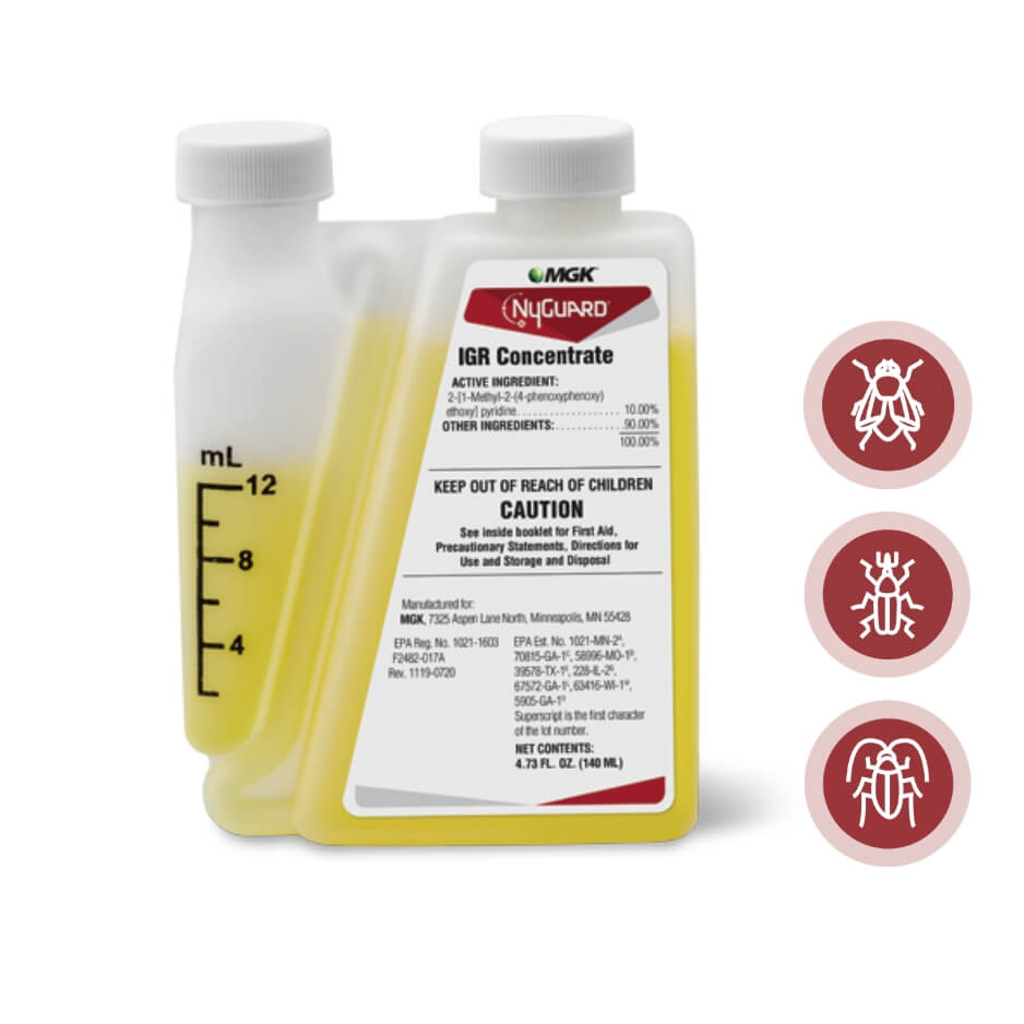 Close up of Nuguard IGR concentrate product image, icons of fly, beetle & cockroaches.