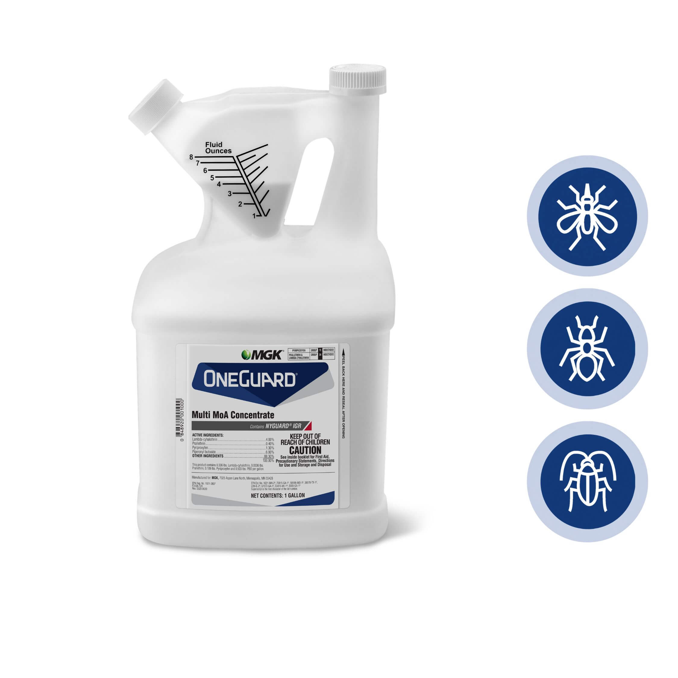 Close up product image of OneGuard® Multi MoA Concentrate, which includes blue insect icons of flies, mosquitos, ants, cockroaches, beetles and ticks.