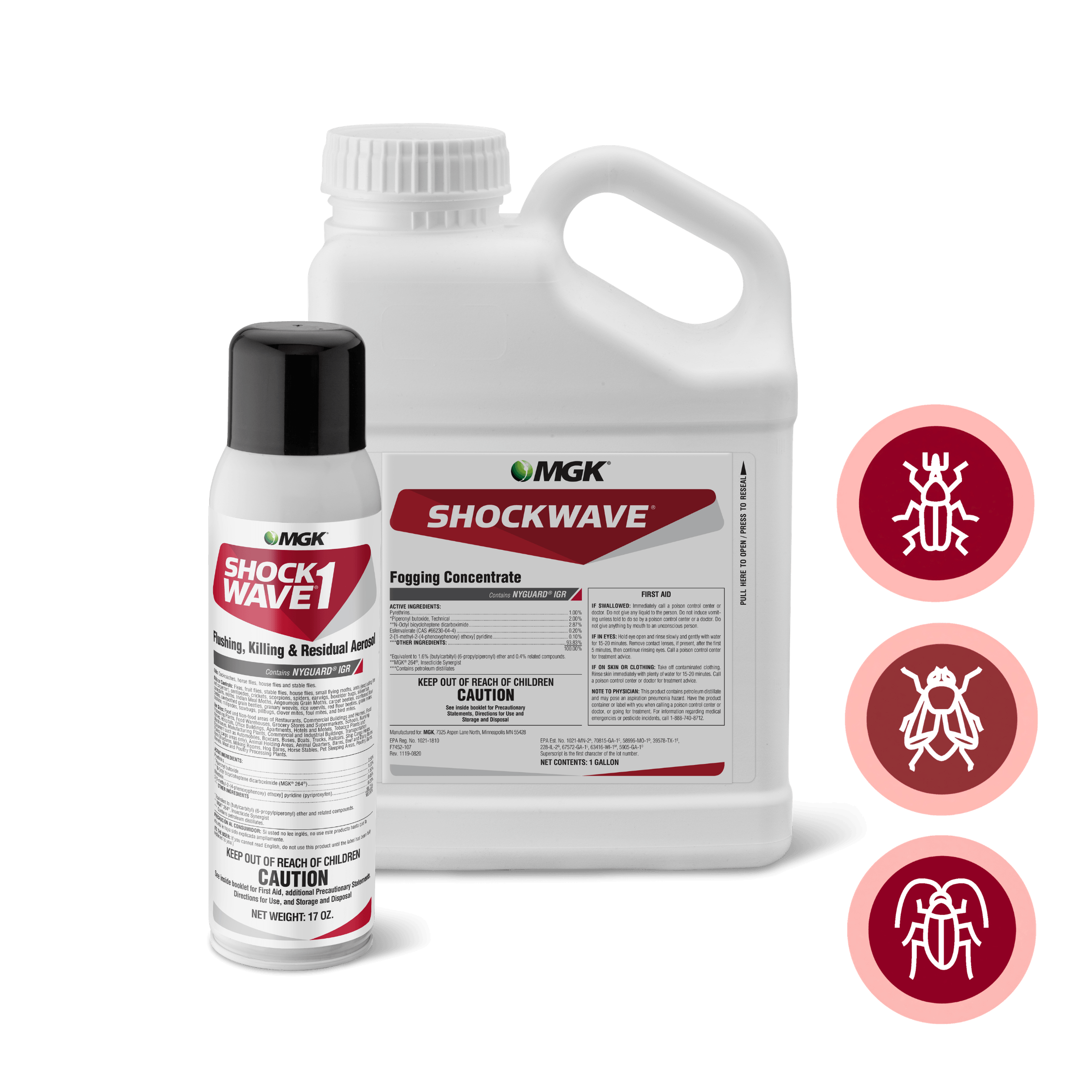 Close up product photos of Shockwave® 1 Flushing, Killing and Residual Aerosol and Shockwave® Fogging Concentrate