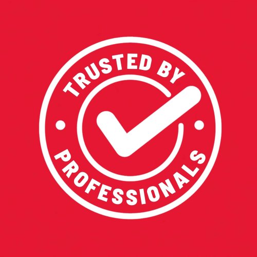 Icon with red background and white text, displaying Trusted By Professionals text and a tick icon