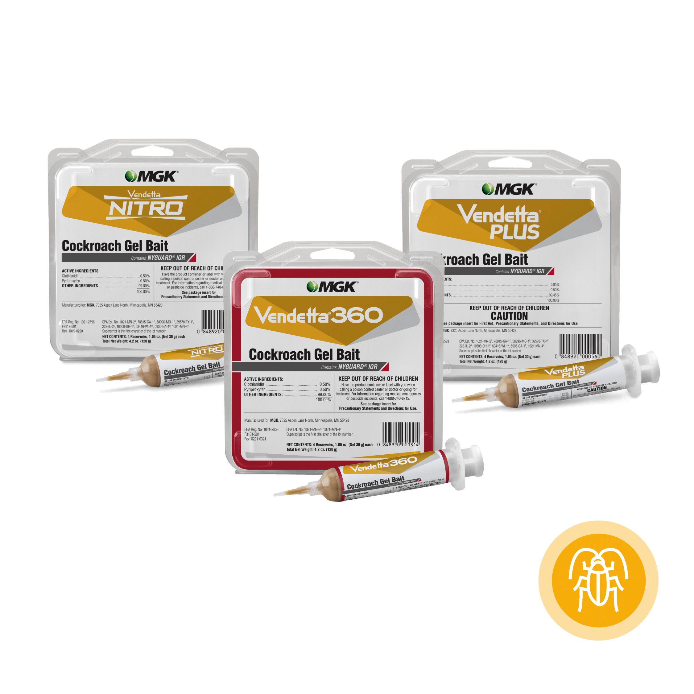 Close up product photos of Vendetta Nitro®, Vendetta® 360, Vendetta Plus Cockroach Gel Bait